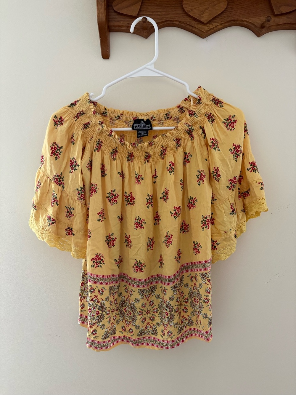 Angie Yellow Floral Boho Blouse Off Shoulder Bell Sleeve Size Small